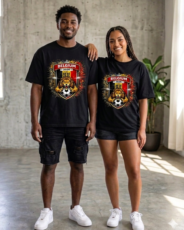 T-shirt unisexe fan Coupe du monde de football Belgique 2026 Lion d'or Blason