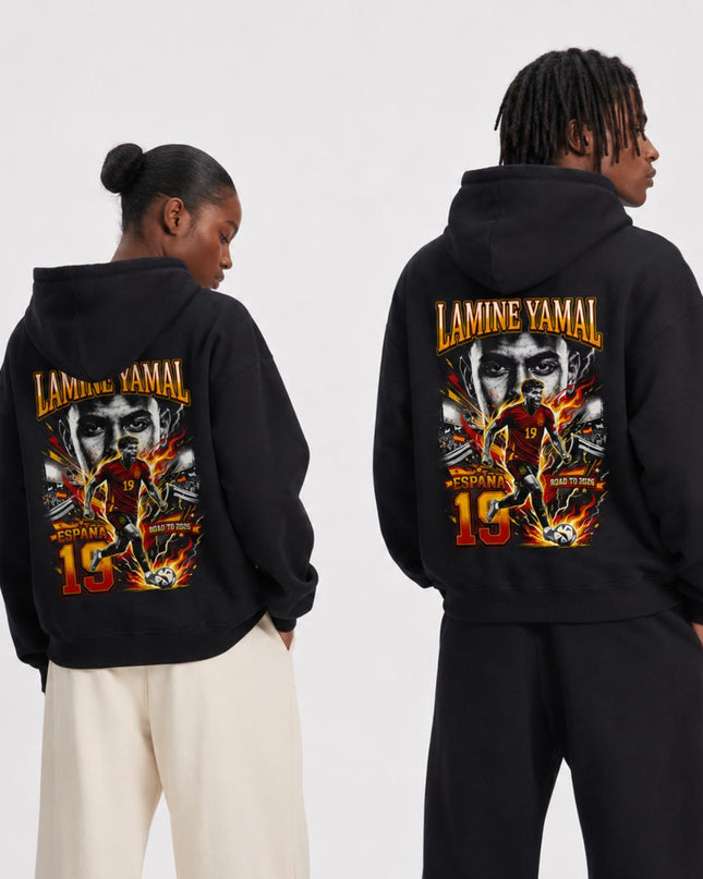 Lamine Yamal #19 Espagne En route pour 2026 Sweat à capuche unisexe motif Fire Art
