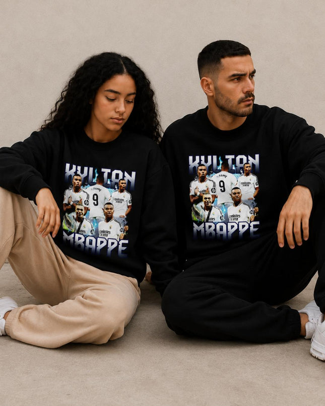 Kylian Mbappé Real Madrid Lightning Blue Bootleg Collage Unisex Fan Crewneck