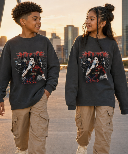 Lionel Messi Barcelona Monster Red Gothic Metal Multi-Pose Washed Black Kids Fan Crewneck