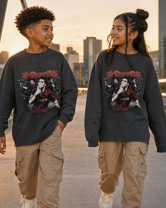 Lionel Messi Barcelona Monster Red Gothic Metal Multi-Pose Washed Black Kids Fan Crewneck
