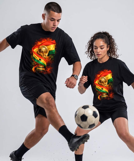 T-shirt unisexe fan Coupe du Monde 2026 Ghana Trophée Drapeau Feu Football