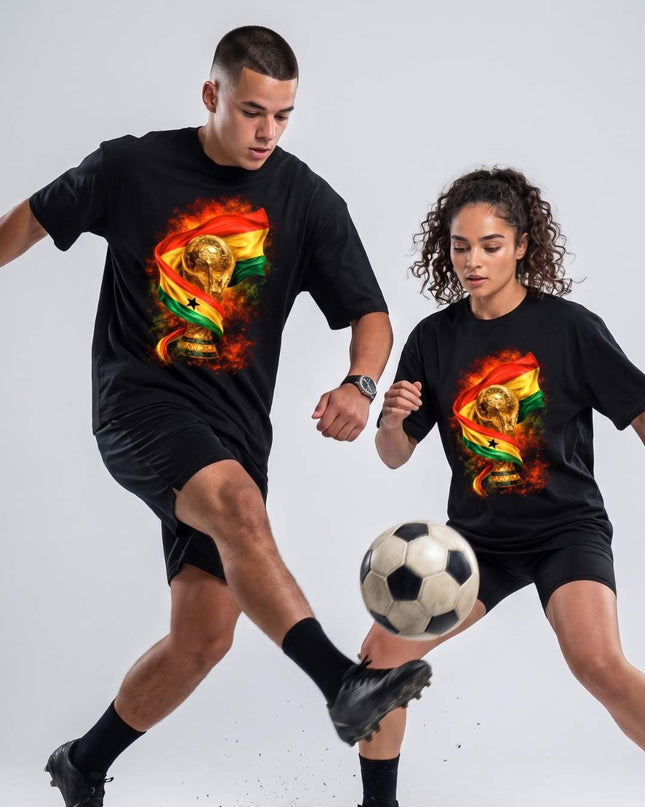 T-shirt unisexe fan Coupe du Monde 2026 Ghana Trophée Drapeau Feu Football
