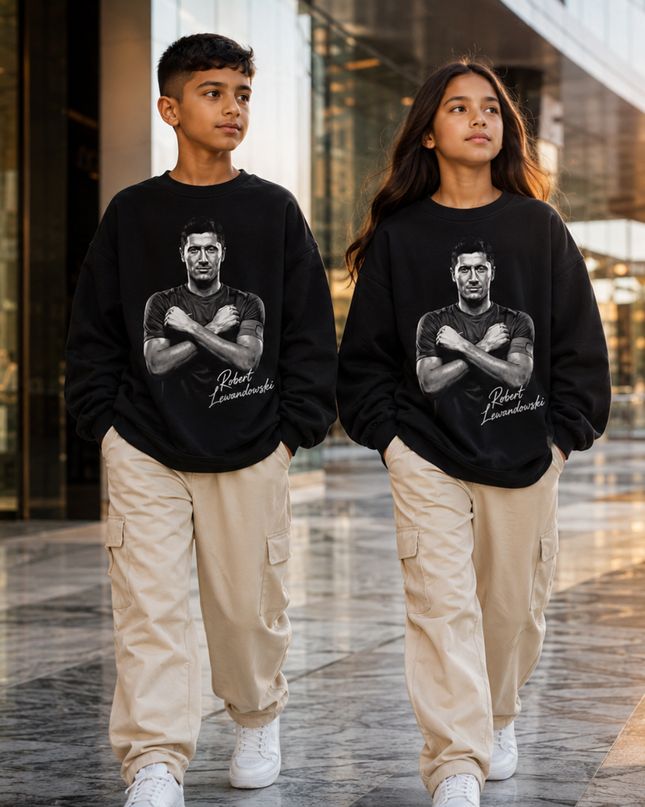 Robert Lewandowski Barcelona Black White B&W Crossed Arms Authority Portrait Cursive Signature Kids Fan Crewneck