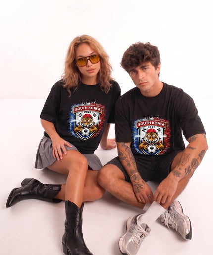 Corée du Sud 2026 Coupe du Monde de Football Tigre Blanc Écusson Bouclier T-Shirt Unisexe pour Fans