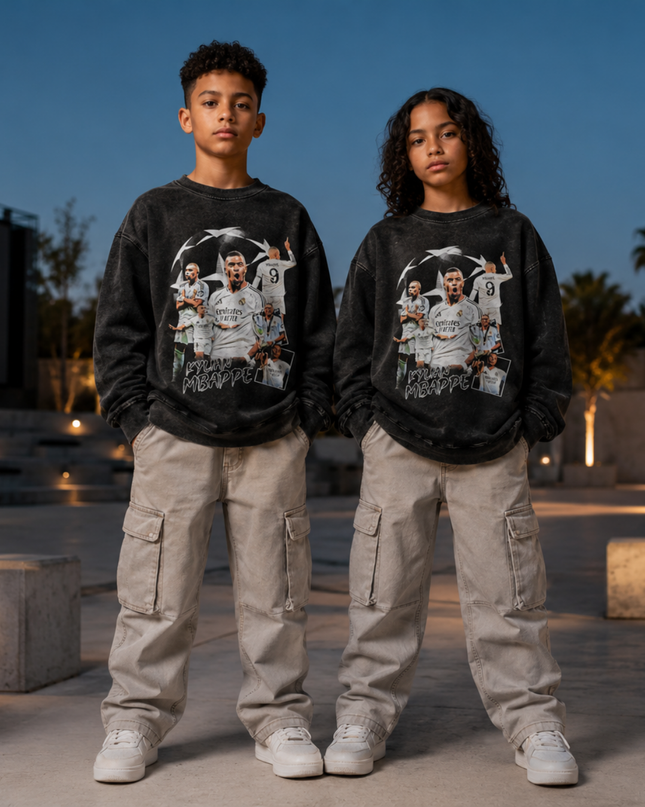 Kylian Mbappé Real Madrid #9 UCL Star Washed Black Multi-Pose Collage Kids Fan Crewneck