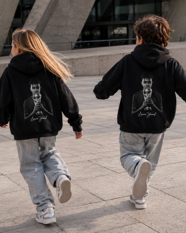 Lamine Yamal Trophy Kiss Black & White Portrait Kids Fan Hoodie