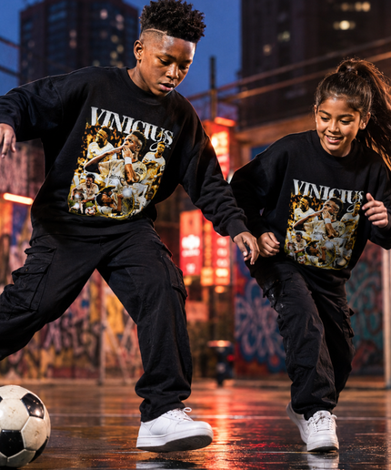 Vinicius Jr Real Madrid White Gold Vintage Rap Bootleg Multi-Pose Collage Kids Fan Crewneck