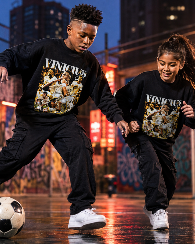 Vinicius Jr Real Madrid White Gold Vintage Rap Bootleg Multi-Pose Collage Kids Fan Crewneck