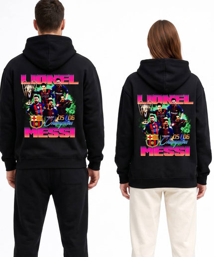 Sweat à capuche unisexe rétro Lionel Messi Barcelone Champions pour fans