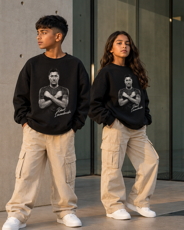 Robert Lewandowski Barcelona Black White B&W Crossed Arms Face Portrait Cursive Script Kids Fan Crewneck