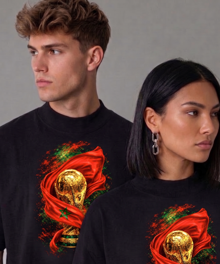 T-shirt supporter unisexe Maroc Coupe du Monde Trofée Drapeau Feu Football Coupe du Monde 2026