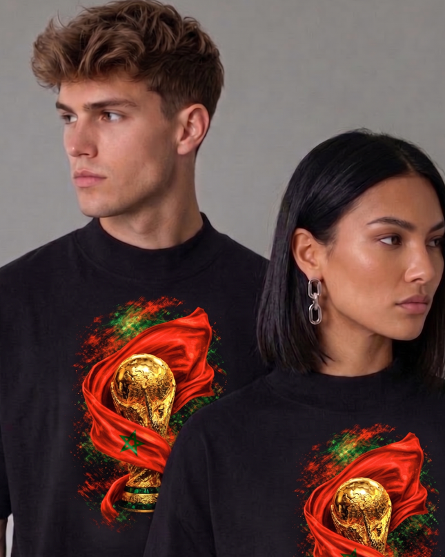 T-shirt supporter unisexe Maroc Coupe du Monde Trofée Drapeau Feu Football Coupe du Monde 2026
