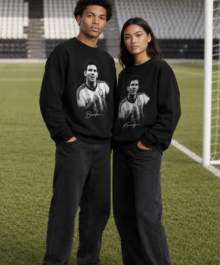 Lionel Messi Argentine Noir Blanc Gris Bras Croisés Célébration Portrait Unisexe Col Rond Fan