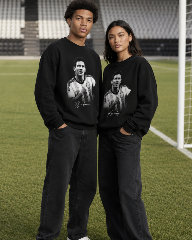 Lionel Messi Argentina Black White Grayscale Crossed Arms Celebration Portrait Unisex Fan Crewneck