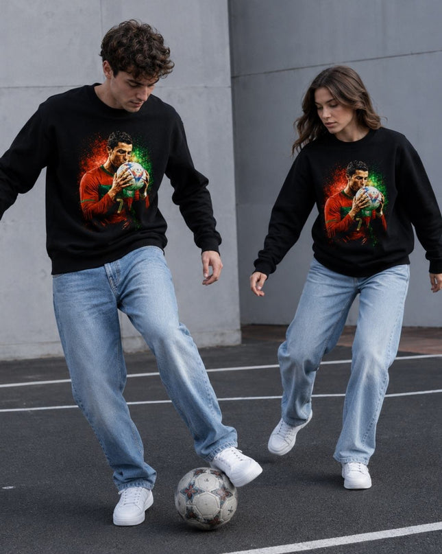Cristiano Ronaldo Portugal Ball Kiss Red Green Glitter Paint Splash Portrait Unisex Fan Crewneck