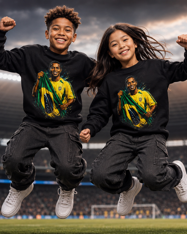 Ronaldinho Brazil #11 World Cup Trophy Kiss Gold Paint Splash Kids Fan Crewneck