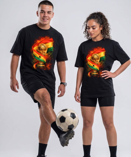 T-shirt unisexe fan Coupe du Monde 2026 Ghana Trophée Drapeau Feu Football