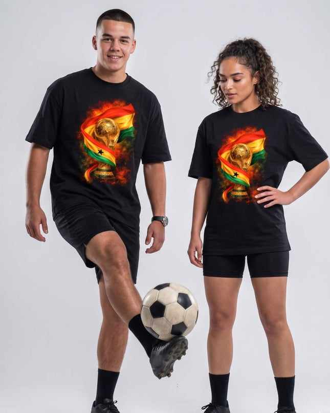 T-shirt unisexe fan Coupe du Monde 2026 Ghana Trophée Drapeau Feu Football