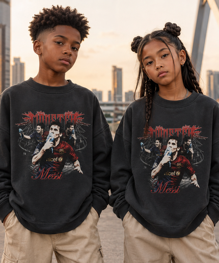 Lionel Messi Barcelona Monster Red Gothic Metal Multi-Pose Washed Black Kids Fan Crewneck