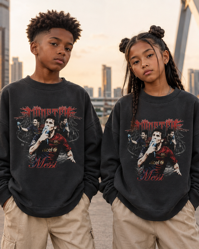 Lionel Messi Barcelona Monster Red Gothic Metal Multi-Pose Washed Black Kids Fan Crewneck