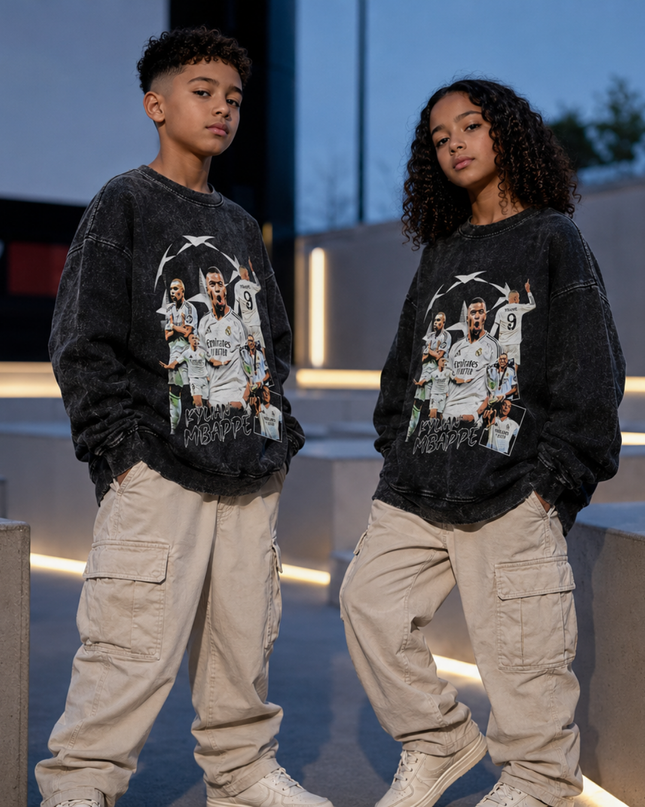 Kylian Mbappé Real Madrid #9 UCL Star Washed Black Multi-Pose Collage Kids Fan Crewneck