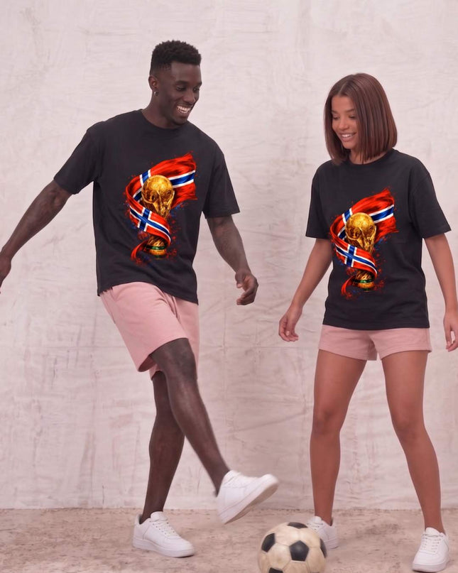 T-shirt unisexe fan Norvège Coupe du monde trophée drapeau feu football Coupe du monde 2026