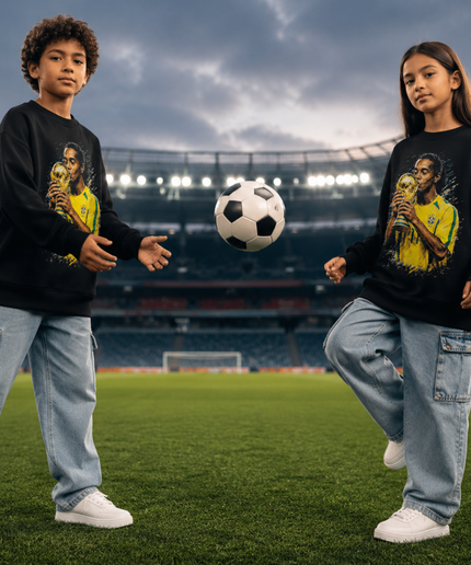 Ronaldinho Brazil #11 Flag Celebration Crossed Arms Green Yellow Paint Burst Kids Fan Crewneck