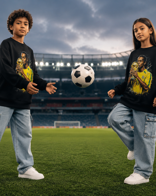 Ronaldinho Brazil #11 Flag Celebration Crossed Arms Green Yellow Paint Burst Kids Fan Crewneck