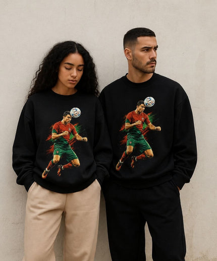 Cristiano Ronaldo Portugal Coup de Tête Saut Peinture Éclaboussures Rouge Vert Action Col Rond Unisexe Fan