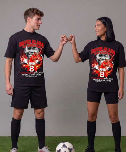 T-shirt unisexe pour fans David Alaba #8 Autriche Équipe nationale de football Coupe du Monde 2026 Qualifié