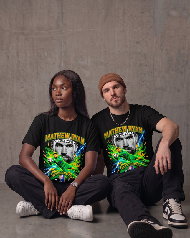 T-shirt unisexe fan Australie Socceroos Coupe du Monde 2026 Qualifié Mathew Ryan #1