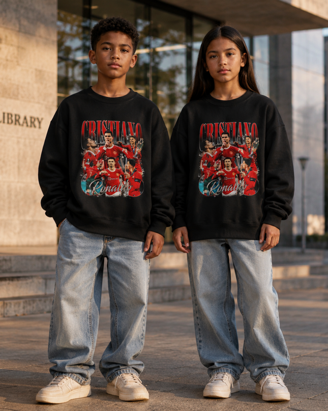 Cristiano Ronaldo Manchester United Red Kit Bootleg Multi-Pose Kids Fan Crewneck