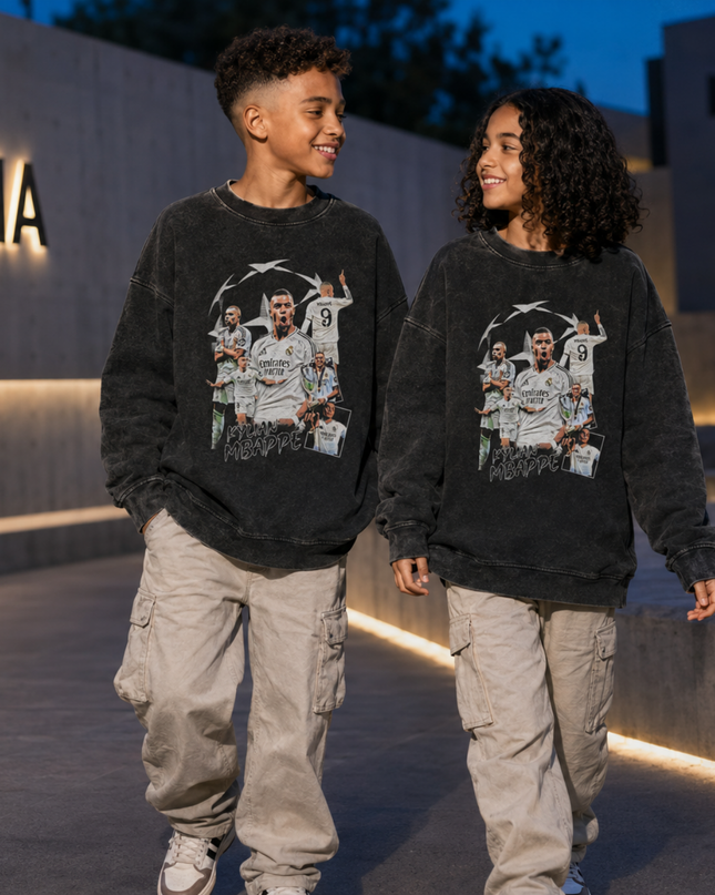 Kylian Mbappé Real Madrid #9 UCL Star Washed Black Multi-Pose Collage Kids Fan Crewneck