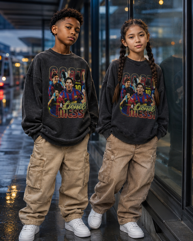 Lionel Messi Barcelona GOAT #10 Vintage Bootleg Multi-Pose Washed Black Kids Fan Crewneck
