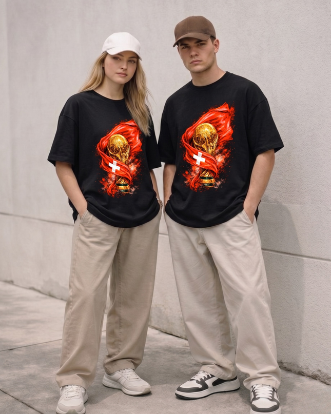 T-shirt de supporter unisexe Coupe du Monde de Football 2026 Drapeau Suisse & Trophée Flamme Édition