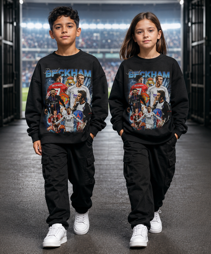 David Beckham Real Madrid CF White Blue Vintage Rap Bootleg Multi-Pose Collage Kids Fan Crewneck