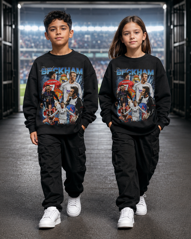 David Beckham Real Madrid CF White Blue Vintage Rap Bootleg Multi-Pose Collage Kids Fan Crewneck