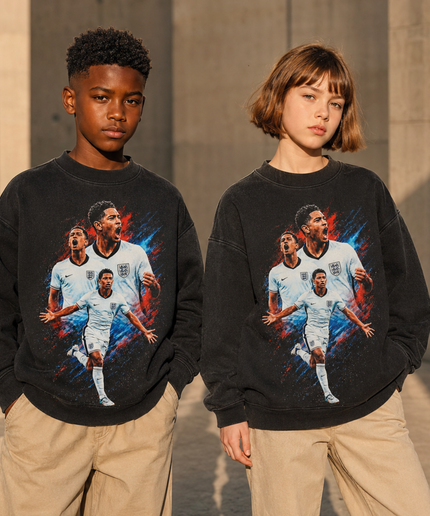 Jude Bellingham Angleterre Trois Lions Éclaboussure Peinture Rouge Bleu Double Pose Hurlante Col Ras du Cou Enfant Fan