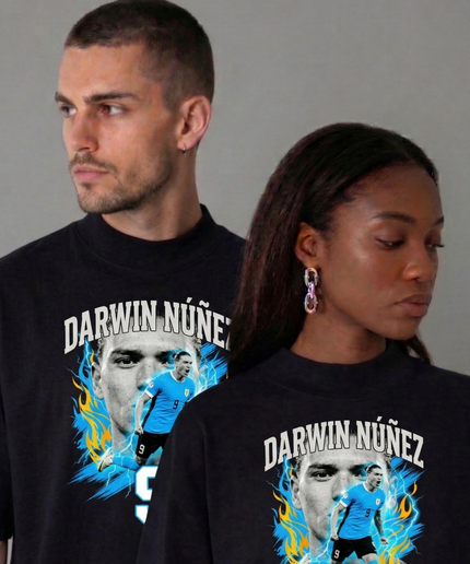 T-shirt unisexe pour fan de la Coupe du Monde de Football 2026, édition flamme, Darwin Nunez #9 Équipe Nationale d'Uruguay