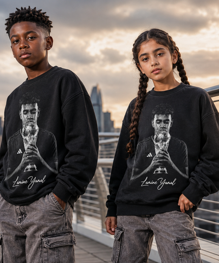 Lamine Yamal Trophy Kiss Black & White Portrait Kids Fan Crewneck