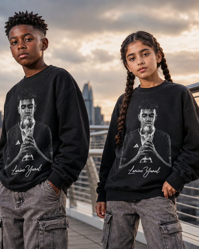 Lamine Yamal Trophy Kiss Black & White Portrait Kids Fan Crewneck