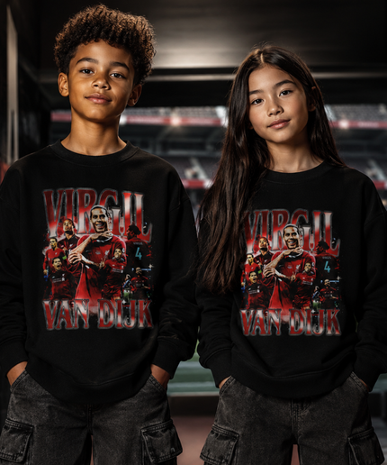 Virgil Van Dijk Pays-Bas Liverpool Rouge Noir Vintage Rap Bootleg Collage Multi-Joueurs Enfants Col Ras du Cou Fan