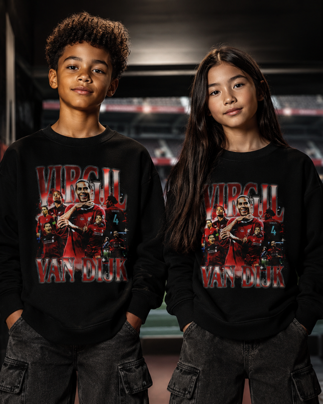 Virgil Van Dijk Pays-Bas Liverpool Rouge Noir Vintage Rap Bootleg Collage Multi-Joueurs Enfants Col Ras du Cou Fan