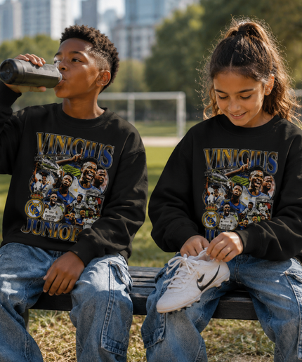 Vinicius Junior Real Madrid Noir Or Vintage Rap Bootleg Multi-Pose Collage Enfant Fan Col Rond