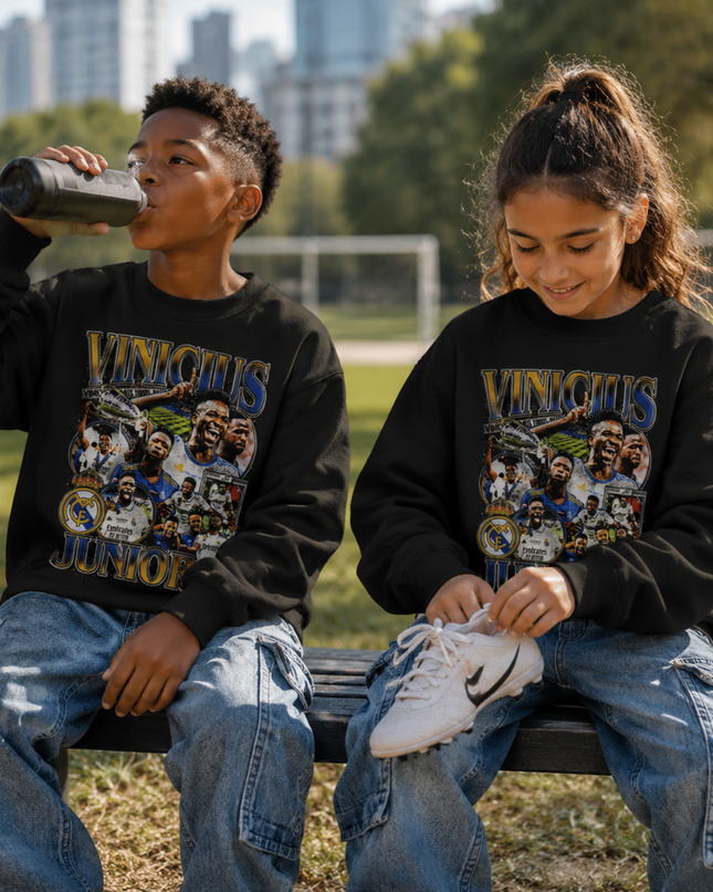 Vinicius Junior Real Madrid Black Gold Vintage Rap Bootleg Multi-Pose Collage Kids Fan Crewneck