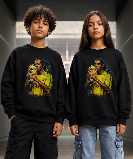 Ronaldinho Brazil #11 Flag Celebration Crossed Arms Green Yellow Paint Burst Kids Fan Crewneck