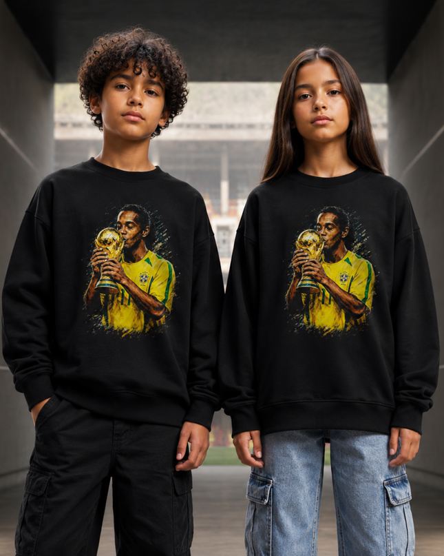 Ronaldinho Brazil #11 Flag Celebration Crossed Arms Green Yellow Paint Burst Kids Fan Crewneck
