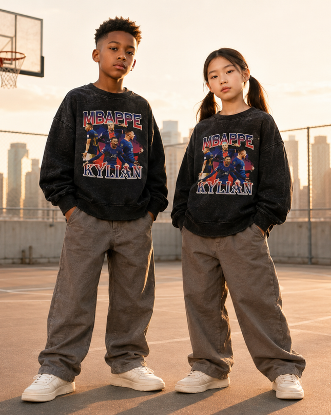 Kylian Mbappé PSG Era Washed Black Multi-Pose Bootleg Kids Fan Crewneck