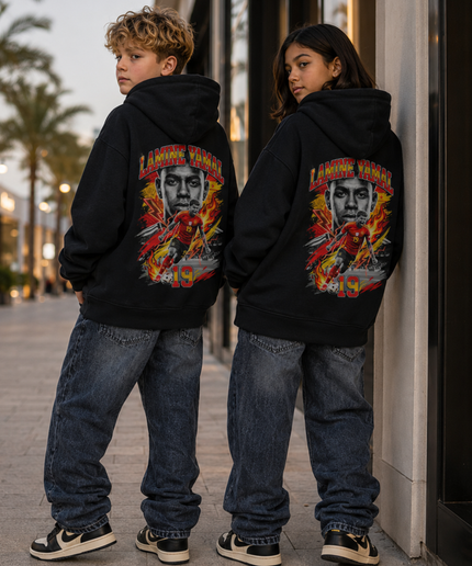 Lamine Yamal #19 Espagne Portrait de Feu Vintage Bootleg Sweat à Capuche Enfant Fan